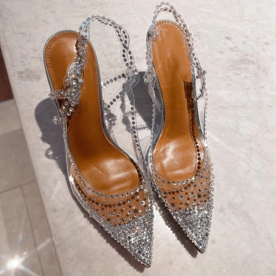 Damen High Heel Schuhe mit transparentem Riemendesign und funkelnden Strassakzenten