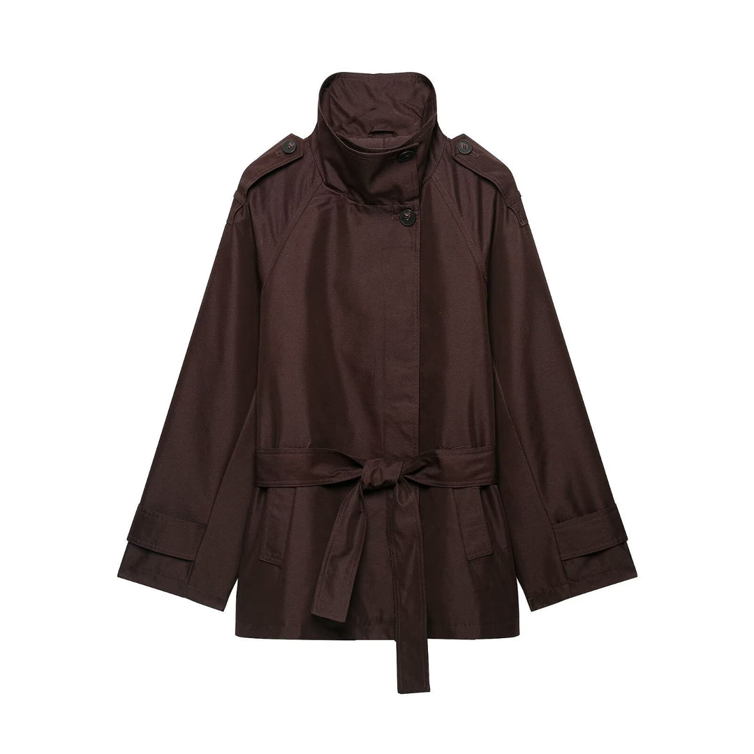 Damen Kurze Taillierte Regenjacke im Trenchstil mit Stehkragen und Bindegürtel Nord Taschen