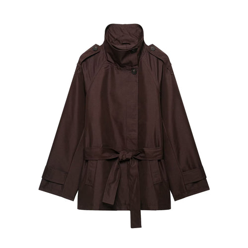 Damen Kurze Taillierte Regenjacke im Trenchstil mit Stehkragen und Bindegürtel Nord Taschen
