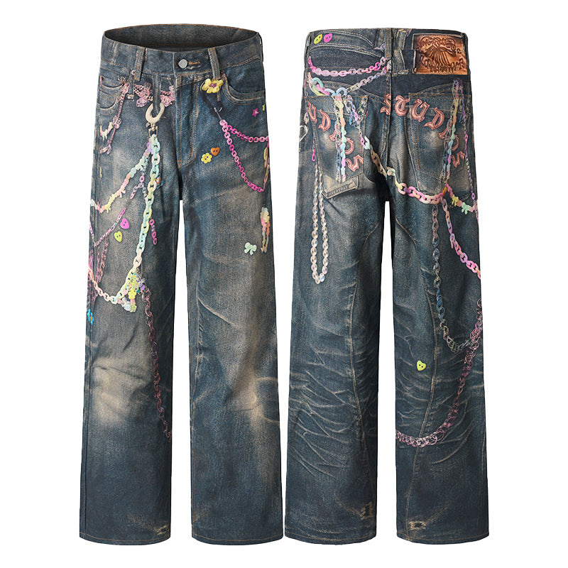 Herren Baggy-Denim-Jeans mit handbemaltem Kettenprint und Applikationen Nord Taschen