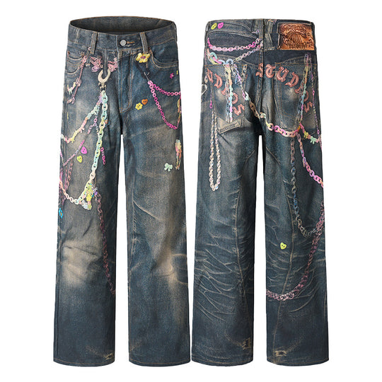 Herren Baggy-Denim-Jeans mit handbemaltem Kettenprint und Applikationen Nord Taschen