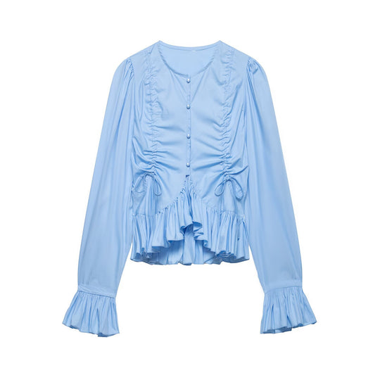 Damen Rüschige Bluse mit Kordelzug, Ballonärmeln und Volant-Saum Nord Taschen