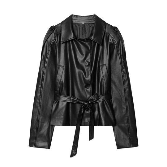 Damen Kurz-Trenchcoat aus Lederoptik mit Taillengürtel Nord Taschen