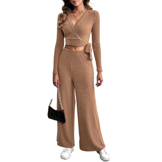 Damen Elegantes Strick-Set mit Wickeloberteil und weitem Bein Nord Taschen