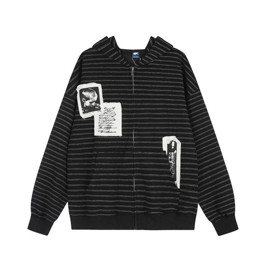 Unisex Kapuzen-Zipjacke im Oversize-Streifenlook mit Fotopatch-Applikationen Nord Taschen