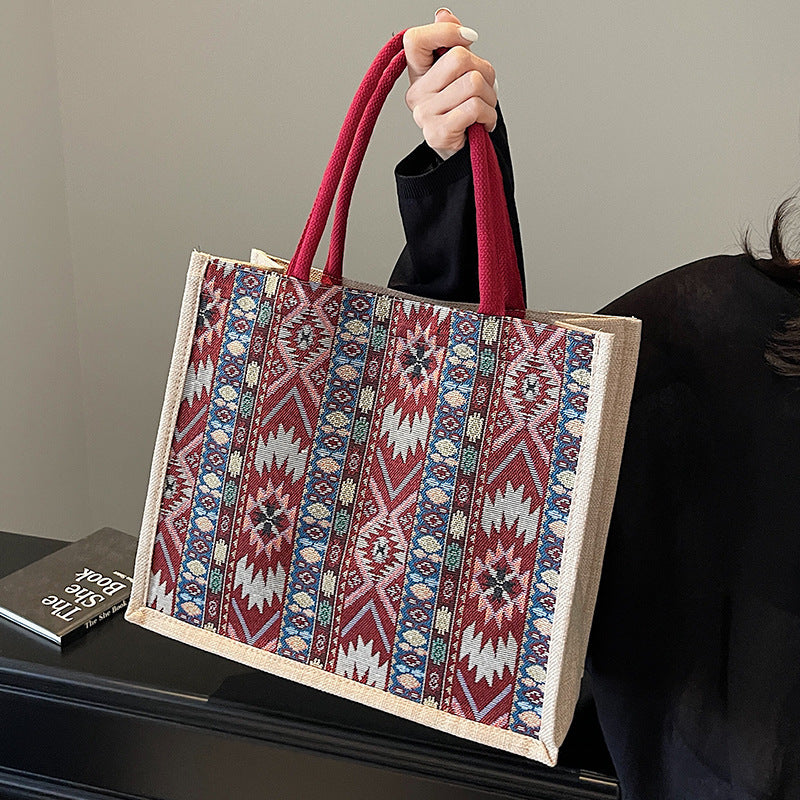 Damen Jute-Tragetasche mit kunstvollem Ethno-Muster Nord Taschen