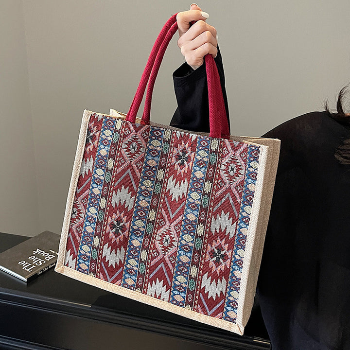 Damen Jute-Tragetasche mit kunstvollem Ethno-Muster Nord Taschen