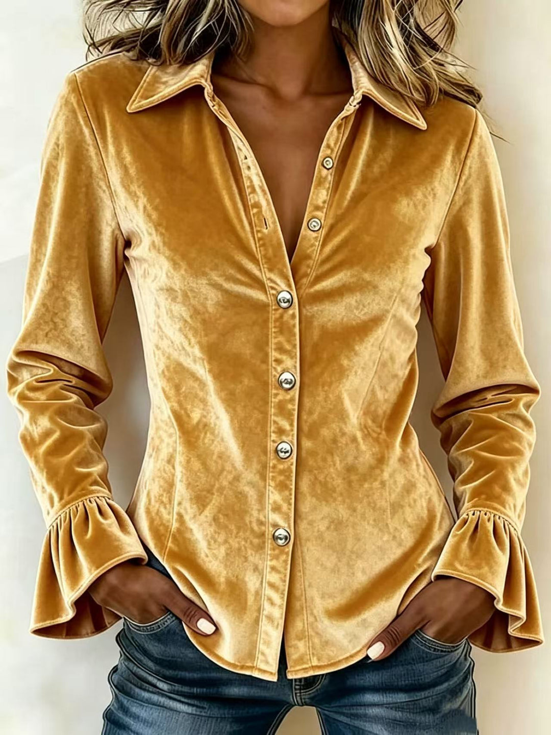 Damen Taillierte Samtbluse mit Reverskragen, Knopfleiste und Volantärmeln Nord Taschen