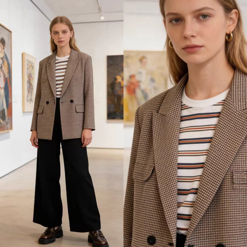 Damen Doppelreihiger Oversize-Blazer mit Hahnentritt-Check und Pattentaschen Nord Taschen