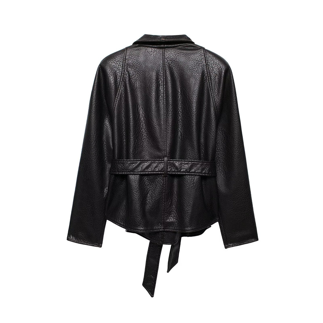 Damen Lederjacke in Lederoptik mit Bindegürtel und Schalkragen Nord Taschen