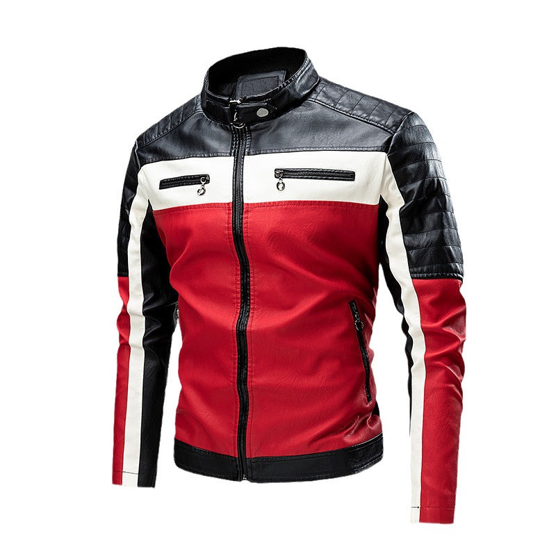 Herren Biker-Lederjacke im Colorblock-Design mit gesteppter Schulterpartie und Stehkragen Nord Taschen