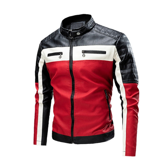 Herren Biker-Lederjacke im Colorblock-Design mit gesteppter Schulterpartie und Stehkragen Nord Taschen