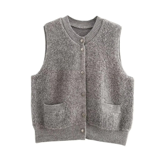 Damen Ärmellose Teddy‑Weste mit Knopfleiste und aufgesetzten Taschen Nord Taschen