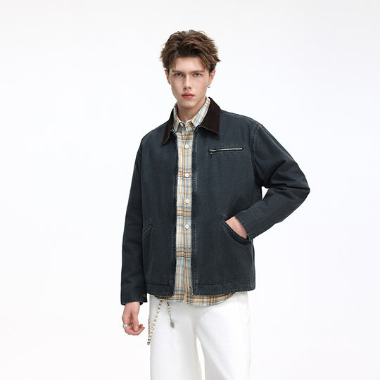 Herren Freizeitjacke aus gewaschenem Baumwollcanvas mit Cordkragen und Reißverschluss-Tasche Nord Taschen