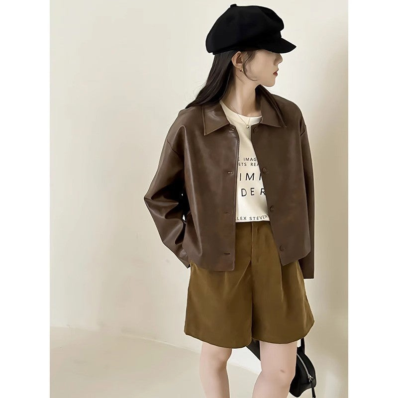 Damen Boxy‑Kunstleder‑Hemdjacke mit verdeckter Knopfleiste und überschnittenen Schultern Nord Taschen