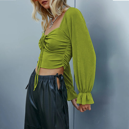 Damen gerafftes Crop-Top mit Herz-Bustier, Knoten-Detail und voluminösen Trompetenärmeln Nord Taschen
