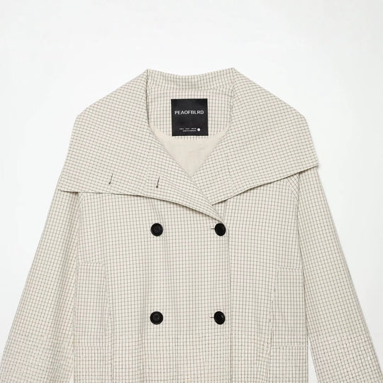 Damen Kurzjacke Doppelreihiger Trench mit übergroßem Matrosenkragen und Gummizugsaum Nord Taschen