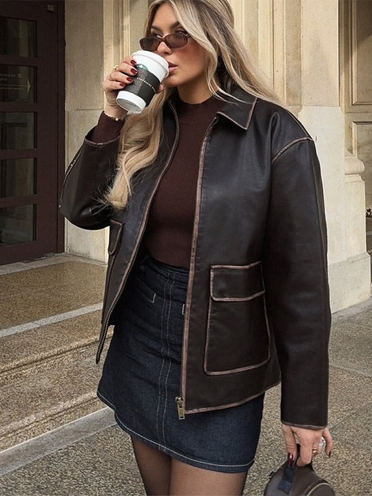 Damen Kurze Lederimitatjacke im Aviator-Look mit kontrastierenden Ziernähten Nord Taschen