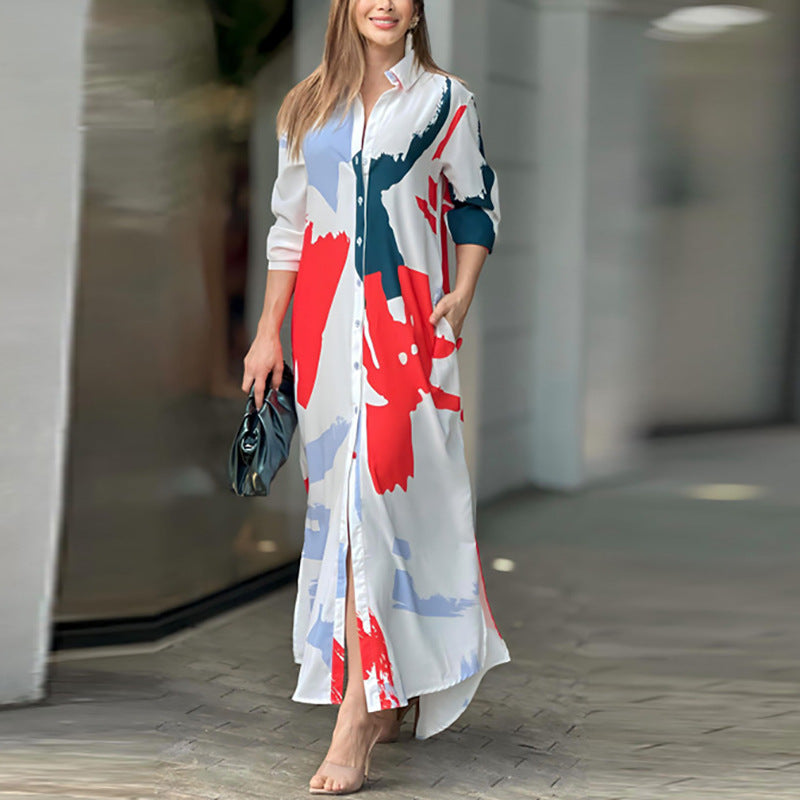 Damen Langes Hemdblusenkleid mit abstraktem Pinselprint und seitlichen Eingrifftaschen Nord Taschen