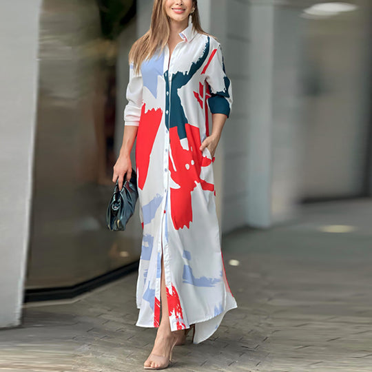 Damen Langes Hemdblusenkleid mit abstraktem Pinselprint und seitlichen Eingrifftaschen Nord Taschen