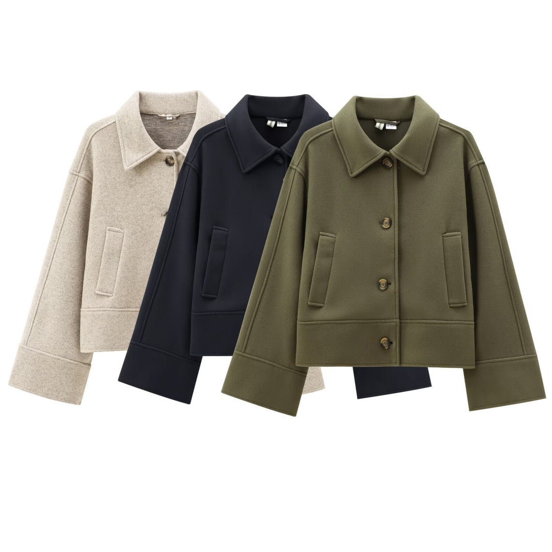 Damen Kurz geschnittene Wollmix-Boxyjacke mit überschnittener Schulter und Pattentaschen Nord Taschen