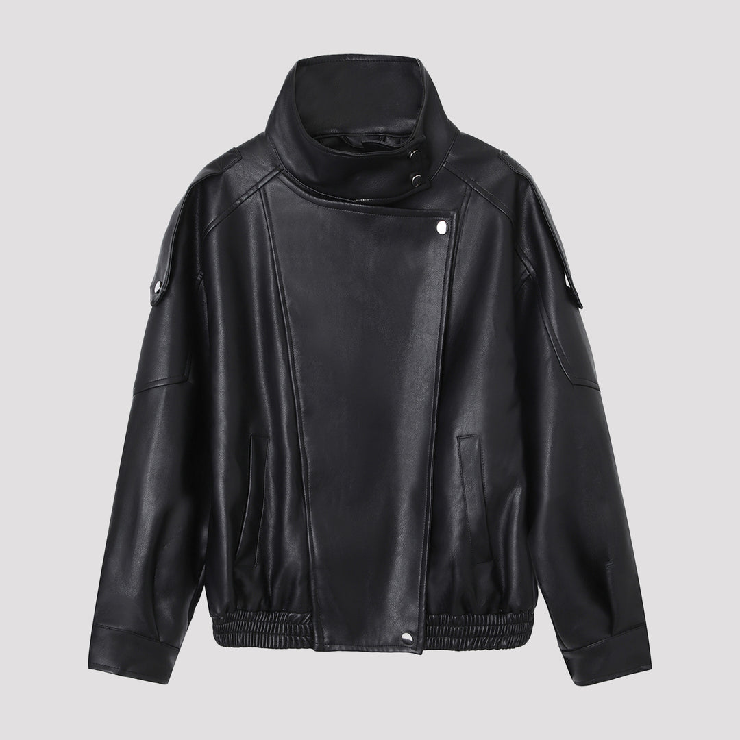 Damen Oversize-Kunstlederjacke mit hohem Stehkragen und asymmetrischer Blende Nord Taschen