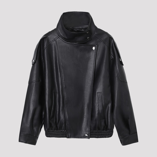 Damen Oversize-Kunstlederjacke mit hohem Stehkragen und asymmetrischer Blende Nord Taschen