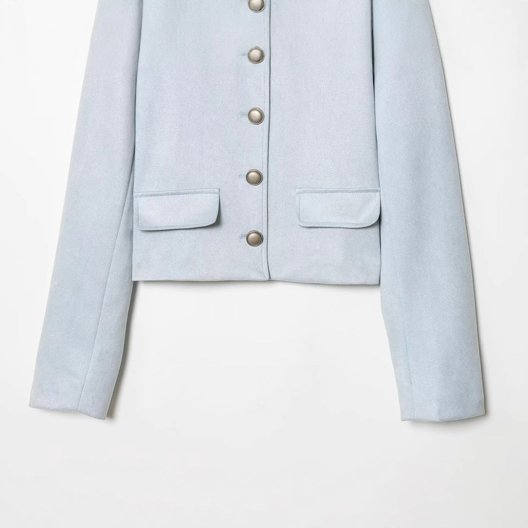 Damen Taillierte Cropped‑Bouclé‑Jacke mit Zierknopfleiste und Pattentaschen Nord Taschen
