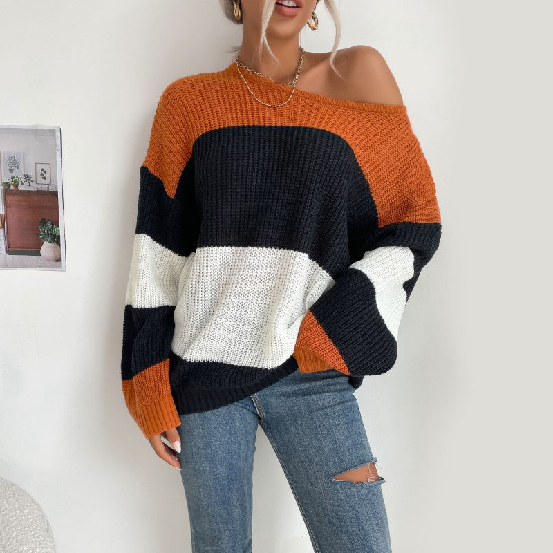 Damen Lässiger Gestreifter Pullover mit Off-Shoulder Design Nord Taschen