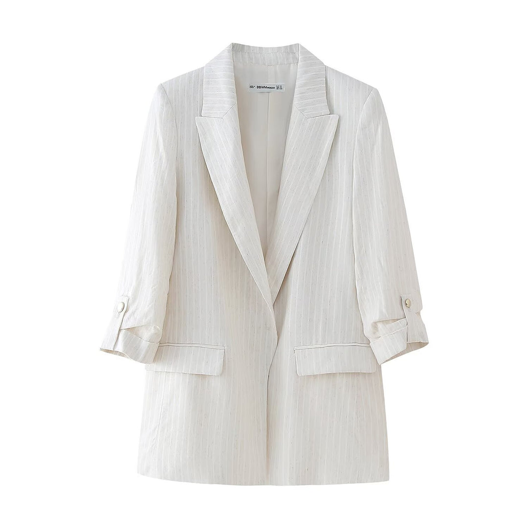 Damen Longblazer im Leinenlook mit weitem Revers, krempelbaren Ärmeln und Pattentaschen Nord Taschen
