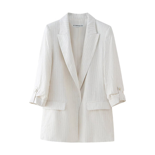 Damen Longblazer im Leinenlook mit weitem Revers, krempelbaren Ärmeln und Pattentaschen Nord Taschen