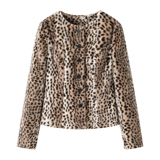Damen Kurzjacke aus Kunstpelz mit Leopardenmuster und Rundhalsausschnitt Nord Taschen