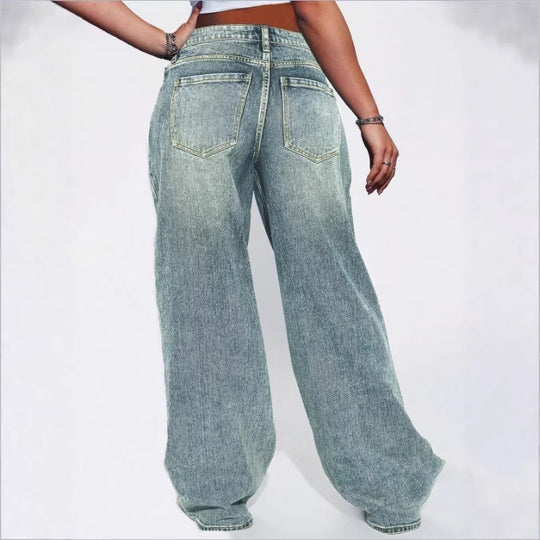 Damen High-Waist Weite Vintage-Denim Baggy-Jeans mit entspanntem Schlag Nord Taschen