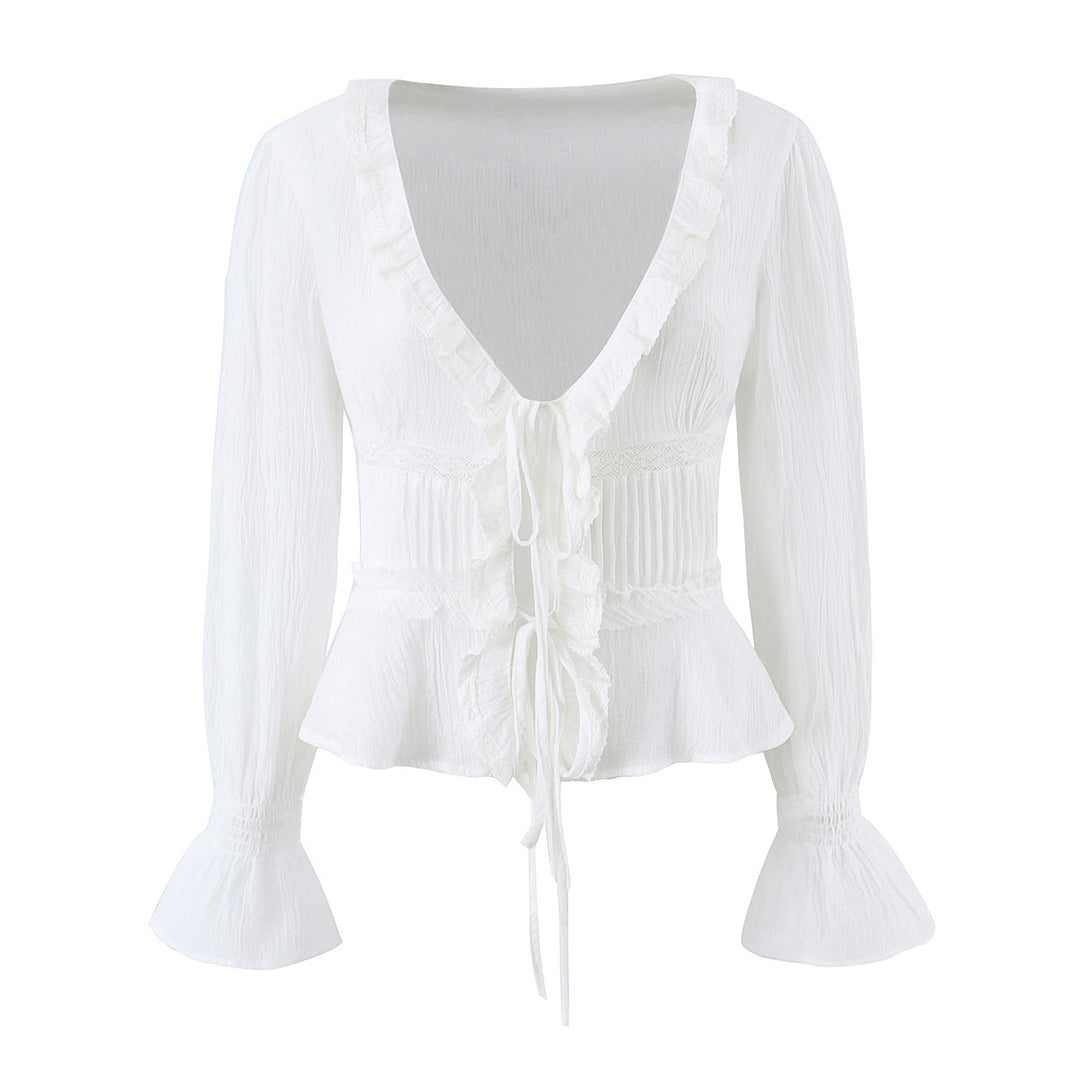 Damen Rüschige V‑Neck‑Bluse mit Taillenraffung und Glockenärmeln Nord Taschen
