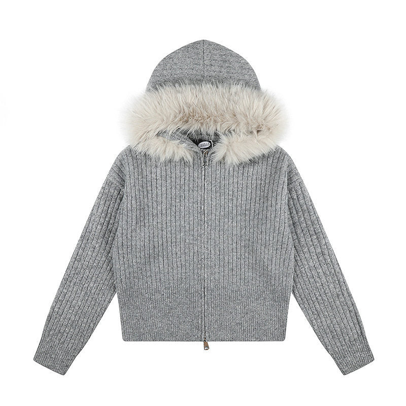 Damen Hochwertige Rippenstrick-Kapuzenjacke mit Zwei-Wege‑Reißverschluss und abnehmbarem Kunstfellkragen Nord Taschen