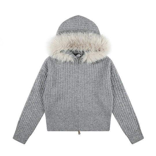 Damen Hochwertige Rippenstrick-Kapuzenjacke mit Zwei-Wege‑Reißverschluss und abnehmbarem Kunstfellkragen Nord Taschen