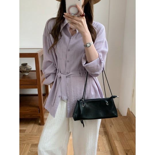 Damen Weit geschnittene Leinen‑Hemdbluse mit Taillengürtel und Brusttasche Nord Taschen