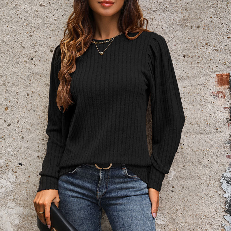 Damen Feiner vertikalgerippter Pullover mit geraffter Schulterpartie und verlängertem Bündchen Nord Taschen
