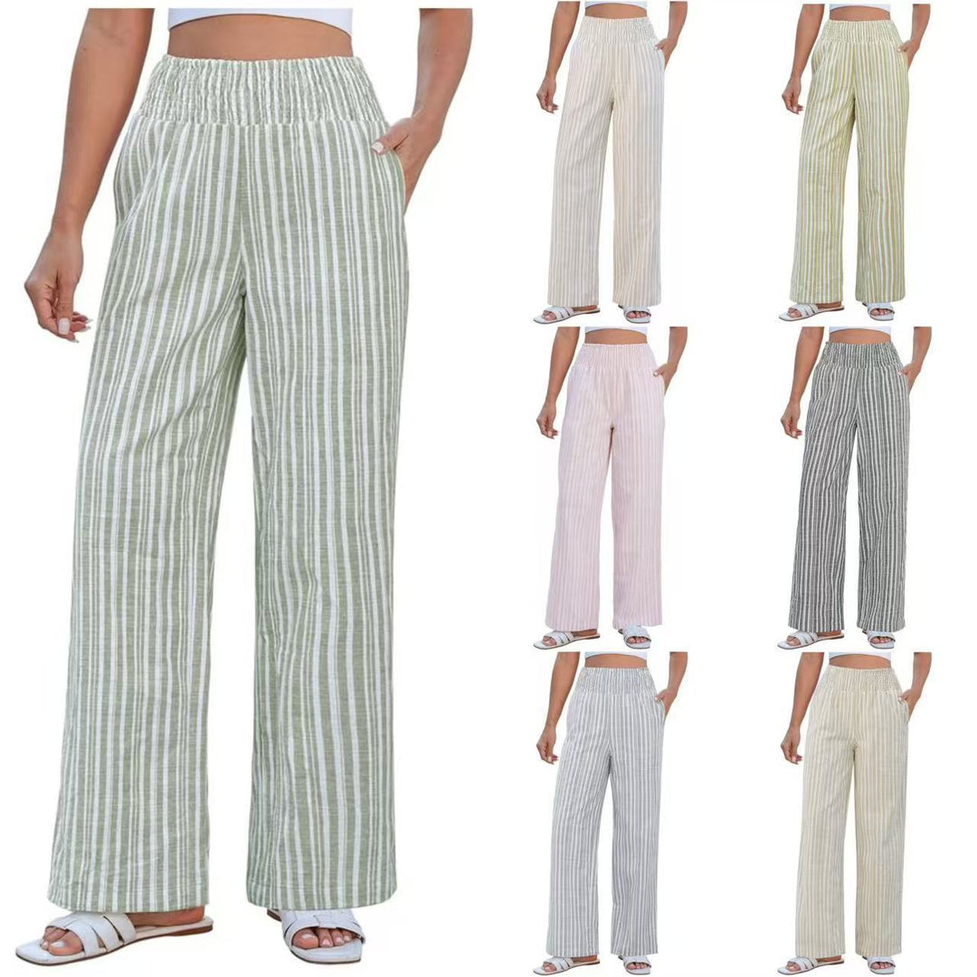 Damen Leichte Leinenhose mit weitem Bein, hoch geschnittener geraffter Gummibund und Seitentaschen Nord Taschen