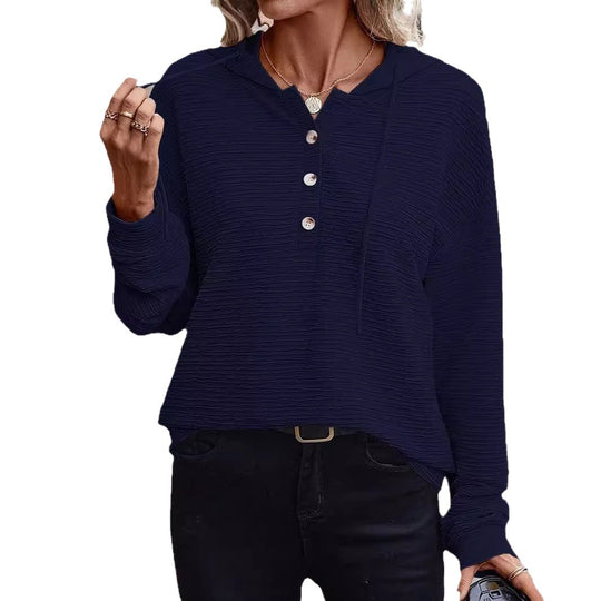 Damen Texturierter Kapuzen-Henleypullover mit Knopfleiste Nord Taschen