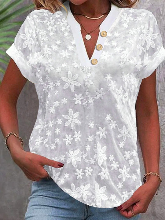 Damen Bluse mit floralem Stickmuster und klassischem V-Ausschnitt
