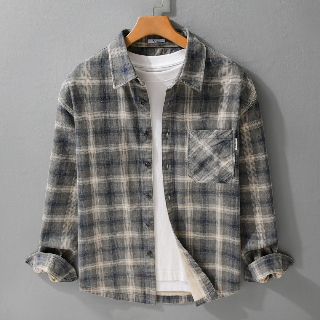 Herren Karo-Relaxed-Overshirt aus gebürstetem Baumwollmix mit Brusttasche und durchgehender Knopfleiste Nord Taschen