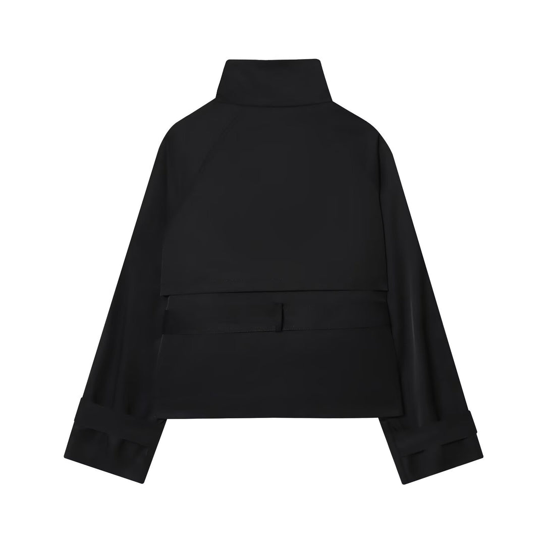 Damen 10+ Cropped Doppelreihige Kurzjacke mit Stehkragen und Taillengürtel Nord Taschen