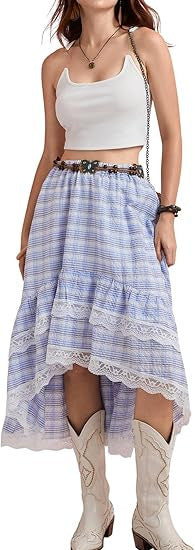 Damen Boho Maxi-Rock mit asymmetrischem Saum und Spitzenverzierungen
