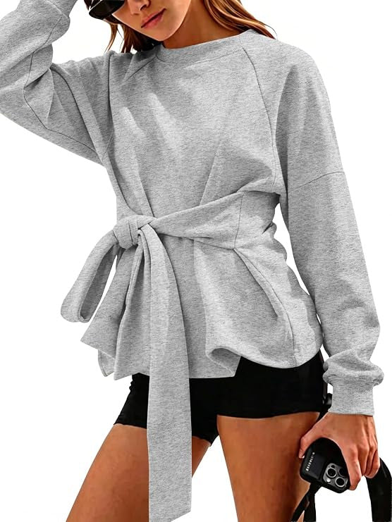 Damen Oversize-Sweatshirt mit Wickelgürtel, Schößchen und Raglanärmeln Nord Taschen