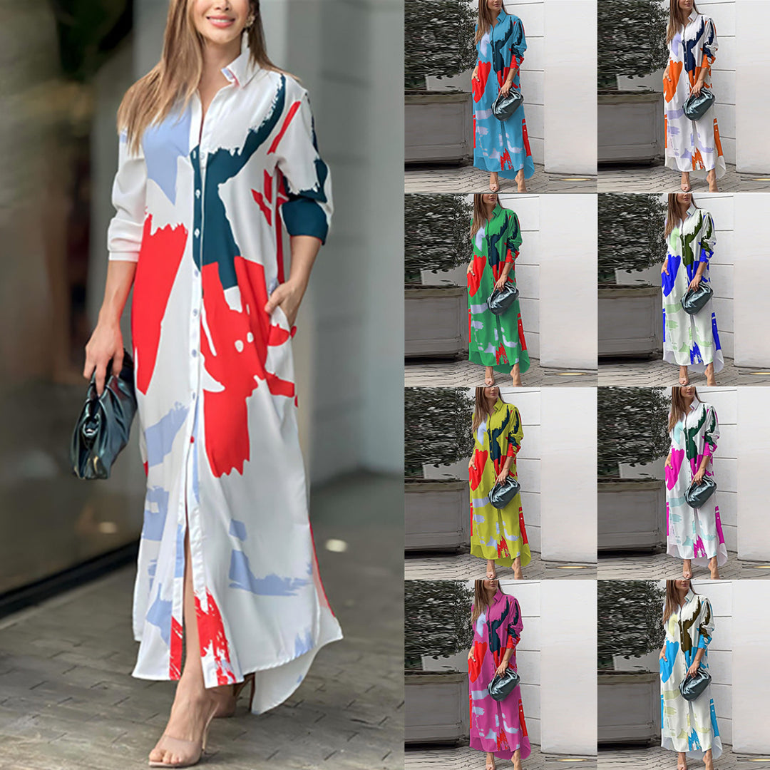 Damen Langes Hemdblusenkleid mit abstraktem Pinselprint und seitlichen Eingrifftaschen Nord Taschen