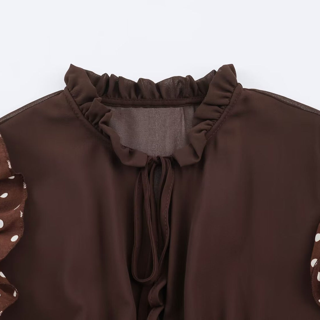 Damen verspieltes Midi-Tiered-Kleid mit Rüschenkragen, Bindeband und Volantstufen Nord Taschen