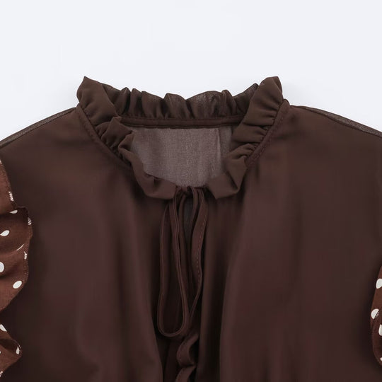 Damen verspieltes Midi-Tiered-Kleid mit Rüschenkragen, Bindeband und Volantstufen Nord Taschen
