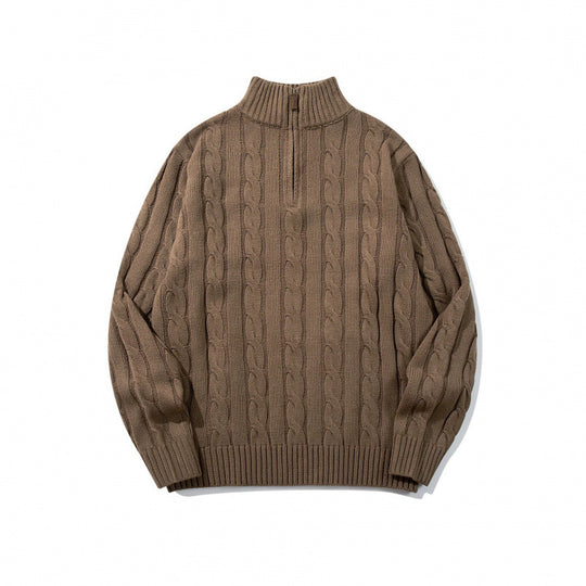 Unisex Grobgestrickter Halbreißverschluss-Zopfmuster-Pullover mit Stehkragen und gerippten Abschlüssen Nord Taschen
