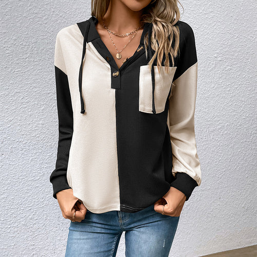 Damen Lässiges Hoodie-Oberteil mit Knopfleiste und Farbblock-Design Nord Taschen